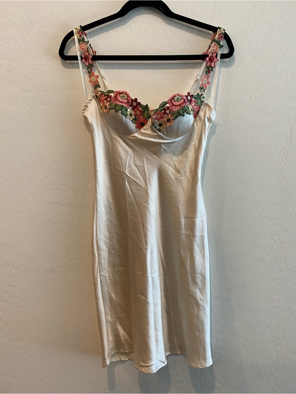 Cream Satin Slip Dress with Floral Embroidered Cups
